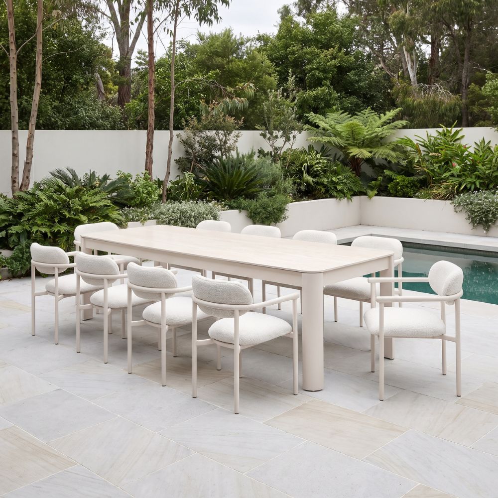Malibu 2.65m Outdoor Aluminium and Ceramic Dining Table with 10 Aria Chairs