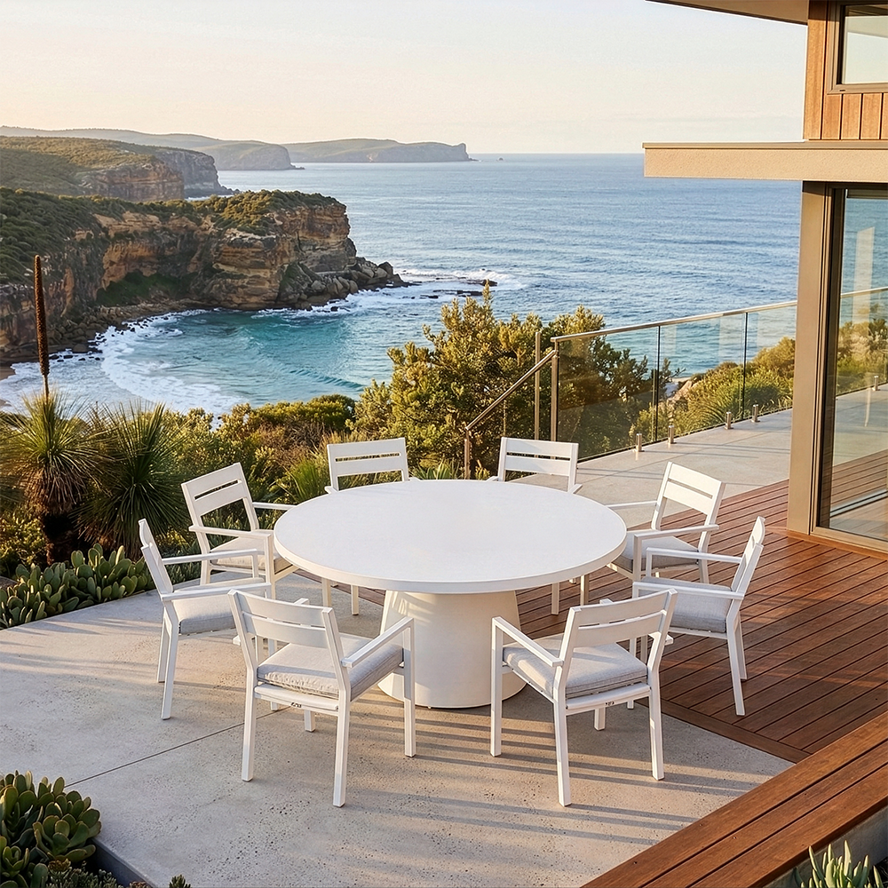 Narrabeen Outdoor 1.6m Round Ceramic Dining Table with 8 Santorini Chairs