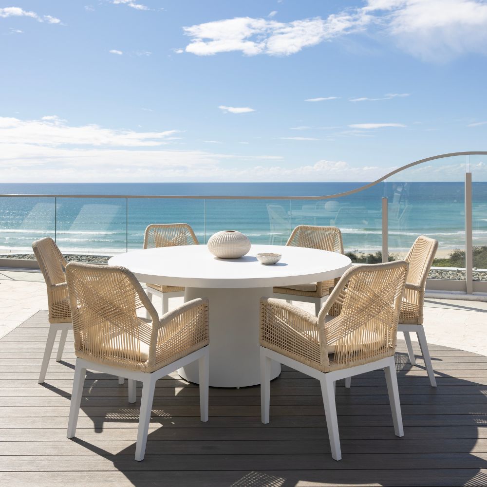 Narrabeen Outdoor 1.6m Round Ceramic Dining Table with 6 Hugo Rope Chairs