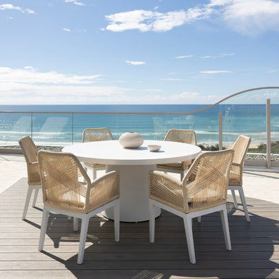Narrabeen Outdoor 1.6m Round Ceramic Dining Table with 6 Hugo Rope Chairs
