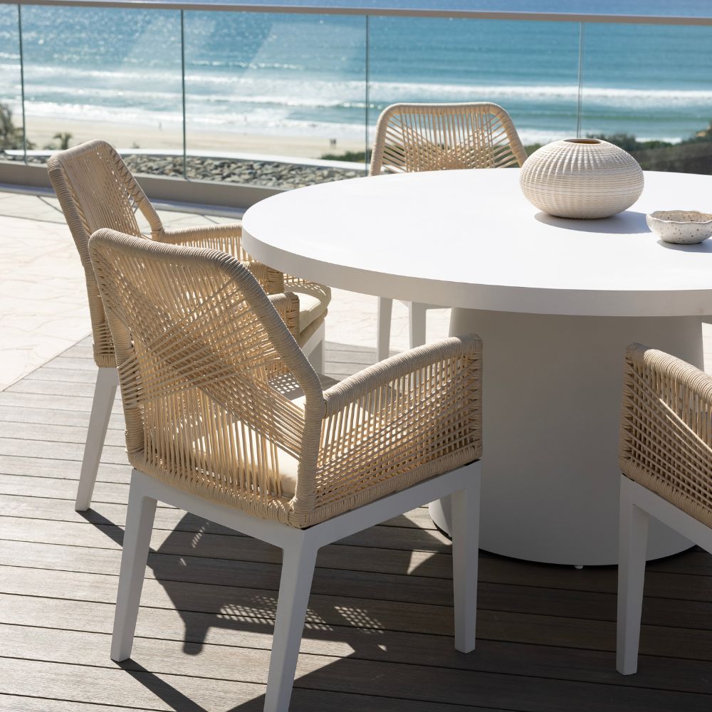 Narrabeen Outdoor 1.6m Round Ceramic Dining Table with 6 Hugo Rope Chairs