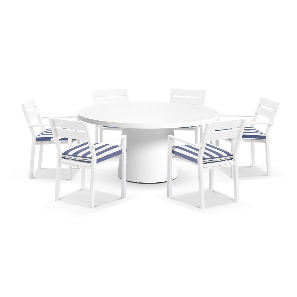 Narrabeen Outdoor 1.6m Round Ceramic Dining Table with 6 Santorini Chairs