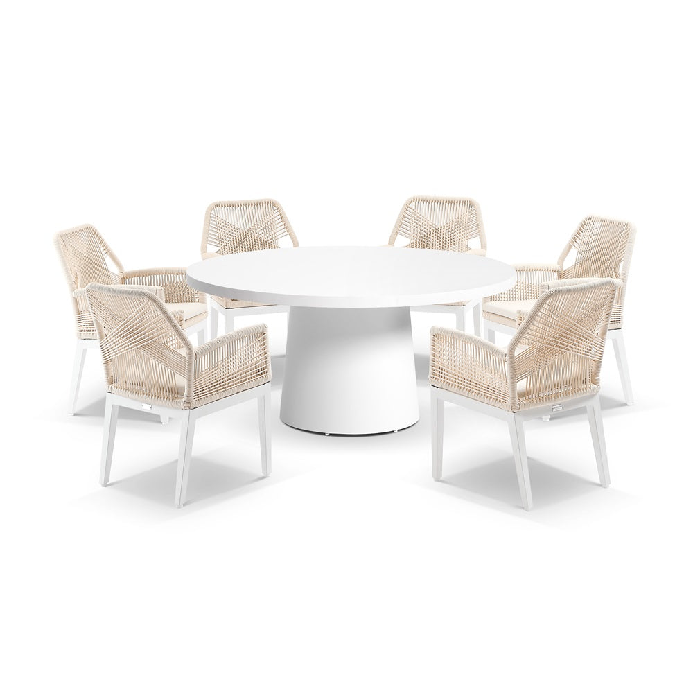 Narrabeen Outdoor 1.6m Round Ceramic Dining Table with 6 Hugo Rope Chairs