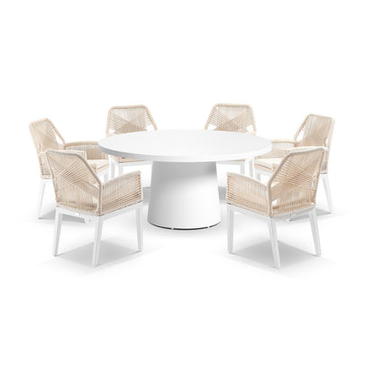 Narrabeen Outdoor 1.6m Round Ceramic Dining Table with 6 Hugo Rope Chairs