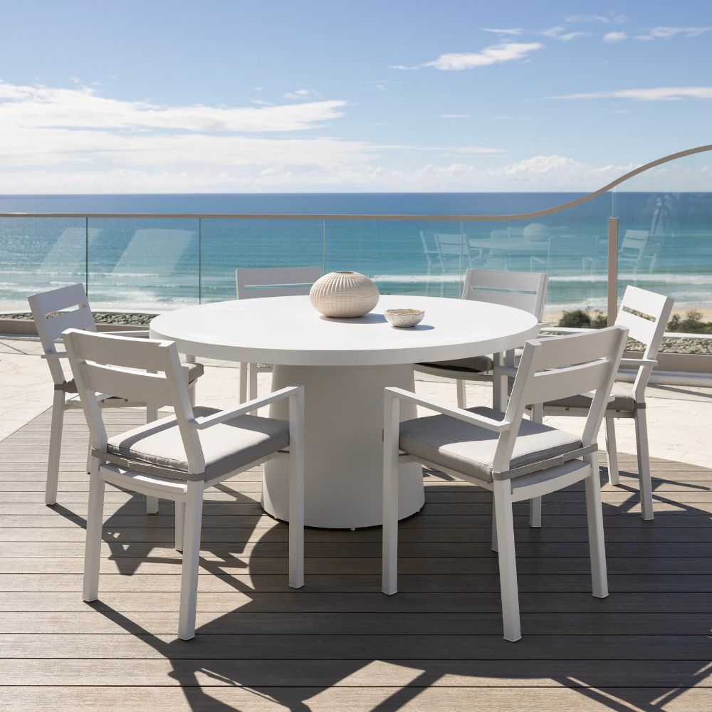 Narrabeen Outdoor 1.6m Round Ceramic Dining Table with 6 Santorini Chairs