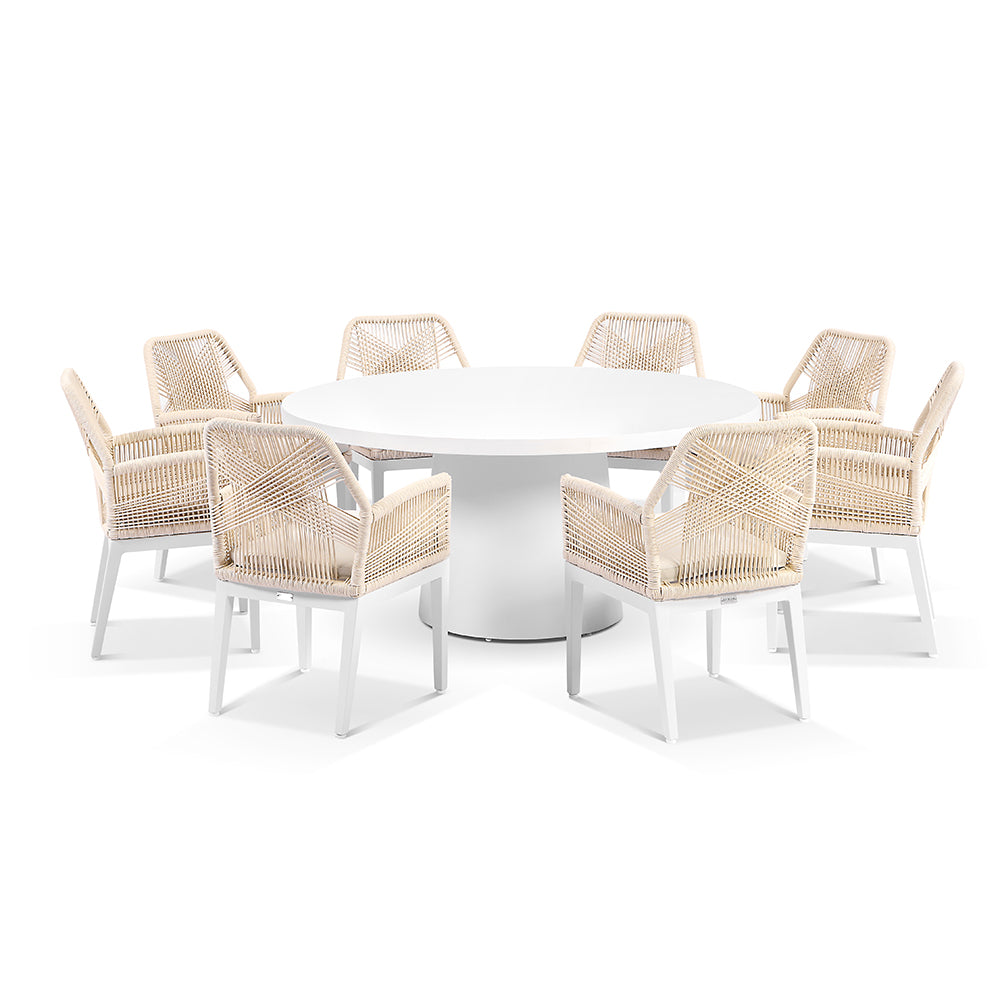 Narrabeen Outdoor 1.6m Round Ceramic Dining Table with 8 Hugo Rope Chairs