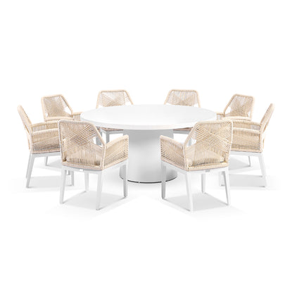 Narrabeen Outdoor 1.6m Round Ceramic Dining Table with 8 Hugo Rope Chairs