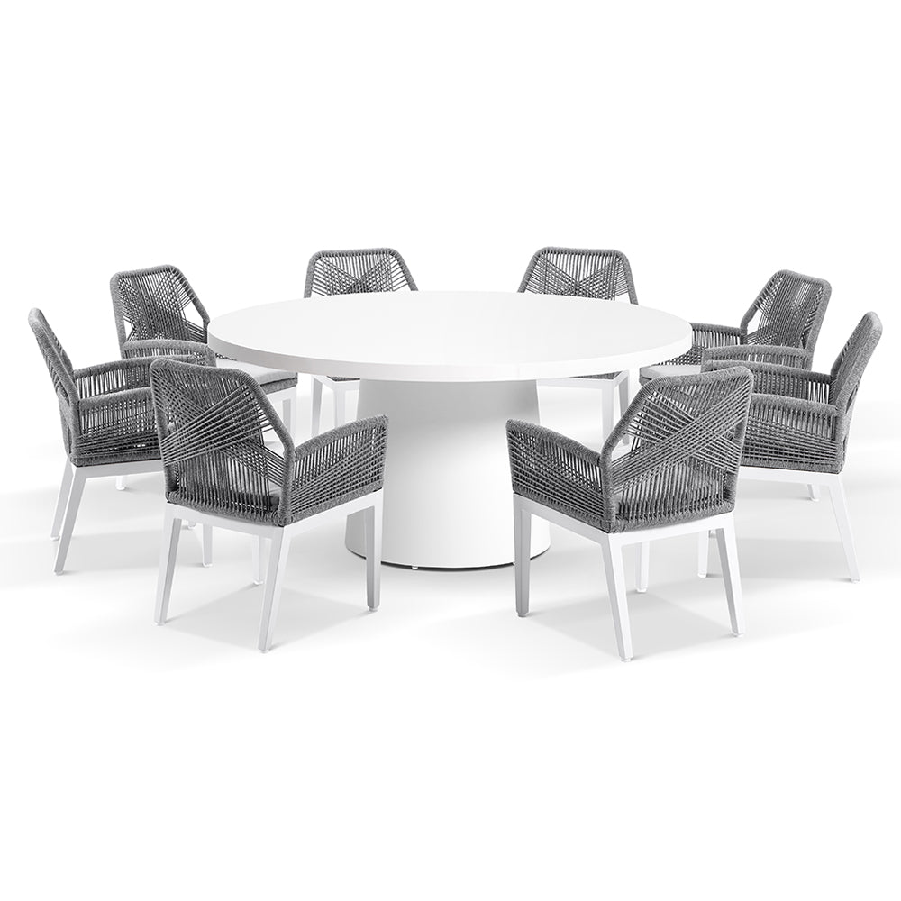 Narrabeen Outdoor 1.6m Round Ceramic Dining Table with 8 Hugo Rope Chairs