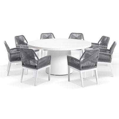 Narrabeen Outdoor 1.6m Round Ceramic Dining Table with 8 Hugo Rope Chairs