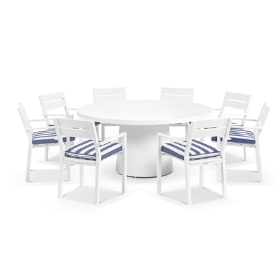 Narrabeen Outdoor 1.6m Round Ceramic Dining Table with 8 Santorini Chairs