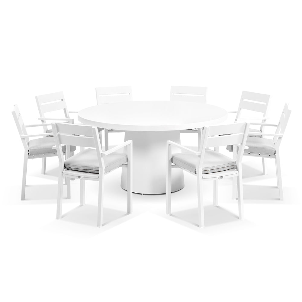 Narrabeen Outdoor 1.6m Round Ceramic Dining Table with 8 Santorini Chairs