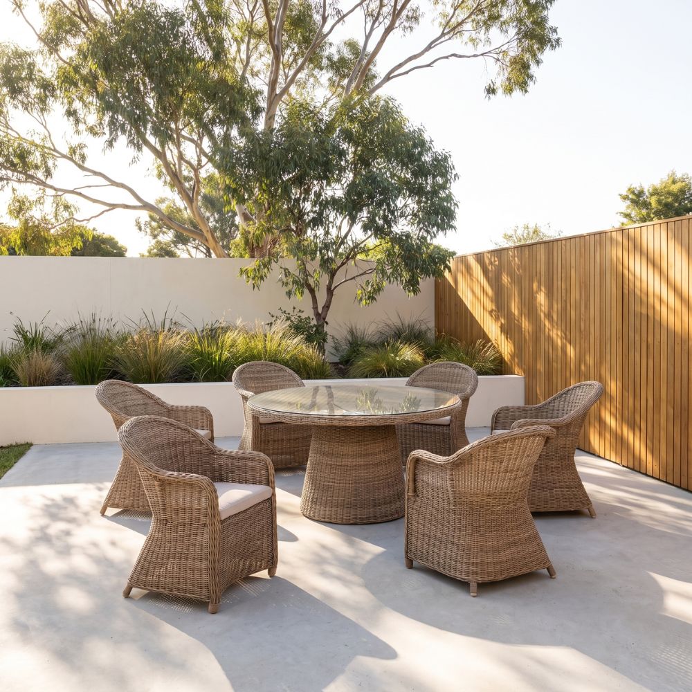 Plantation 6 Seater Outdoor Wicker Round Dining Table and Chairs Set