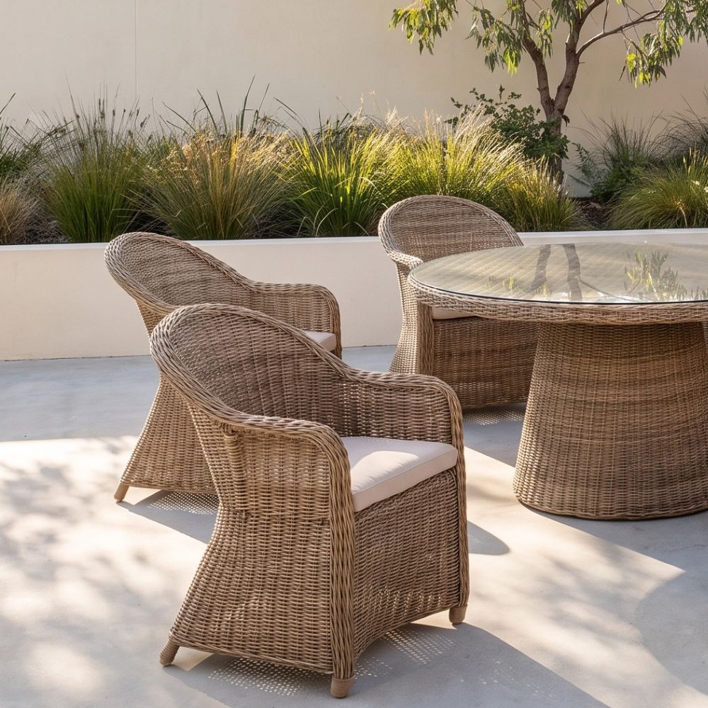 Plantation 6 Seater Outdoor Wicker Round Dining Table and Chairs Set