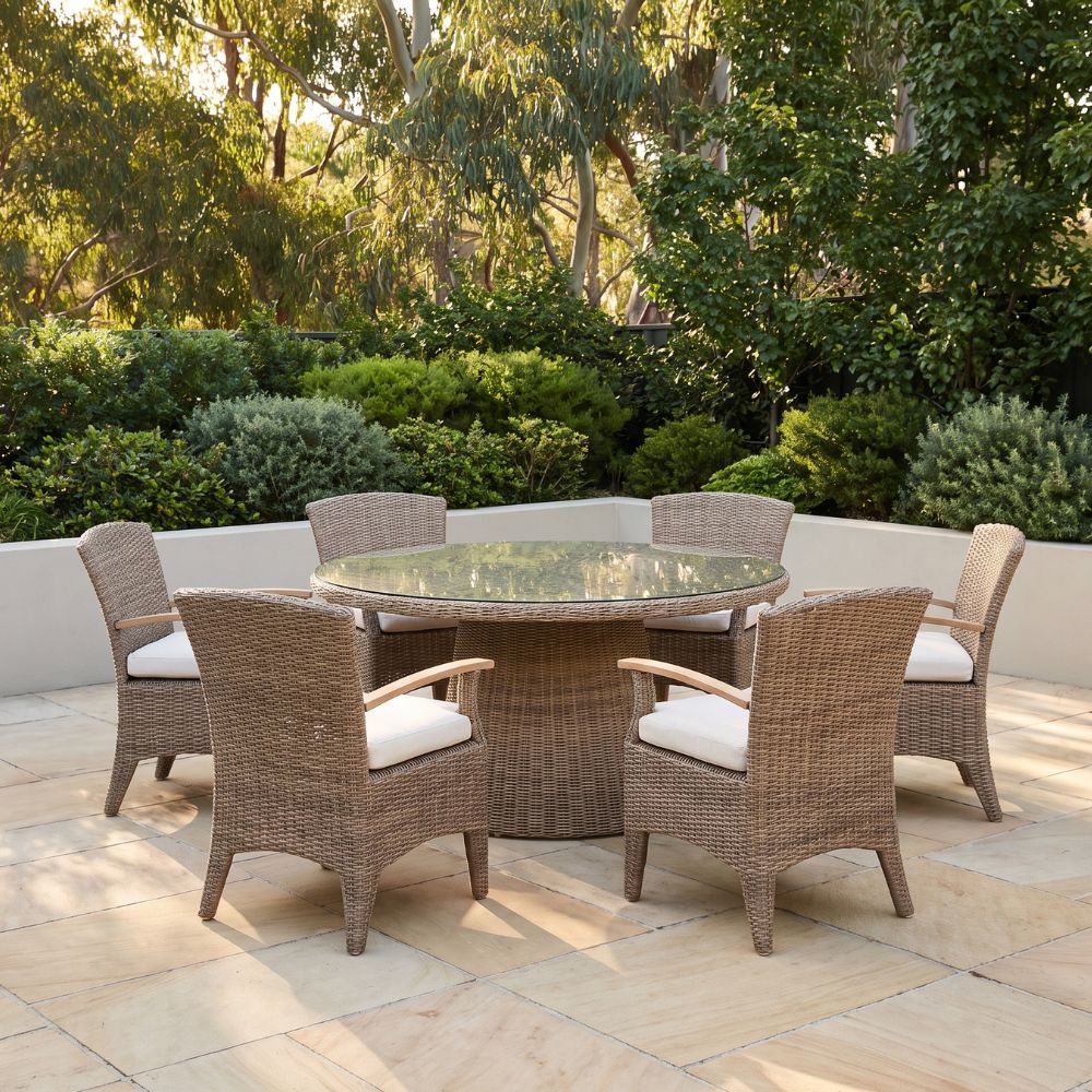 Plantation 1.5m Round Outdoor Wicker Dining Table with 6 Kai Chairs
