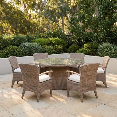 Plantation 1.5m Round Outdoor Wicker Dining Table with 6 Kai Chairs