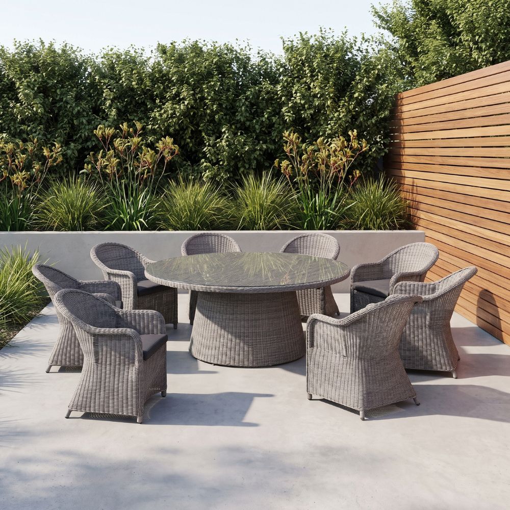 Plantation 8 Seater Outdoor Wicker Round Dining Table and Chairs Setting