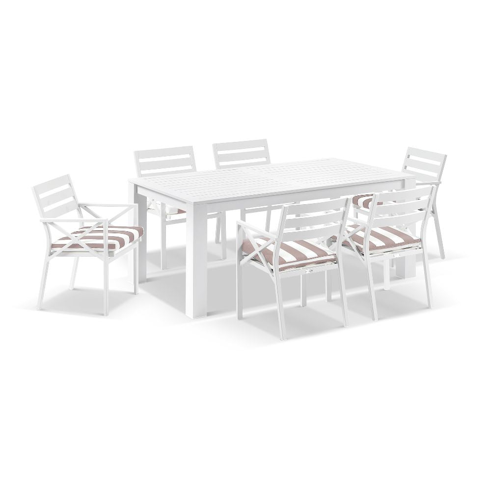 Santorini 1.8m Outdoor Rectangle Aluminium Dining Table With 6 Kansas Chairs in Sunbrella