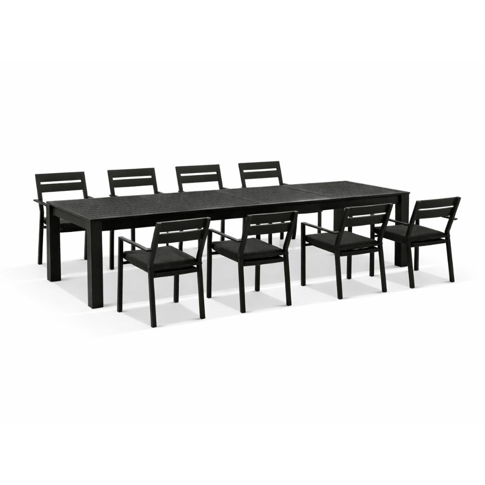 Santorini 3.55m Outdoor Aluminium Dining Table with 8 Chairs in Black with Sunbrella
