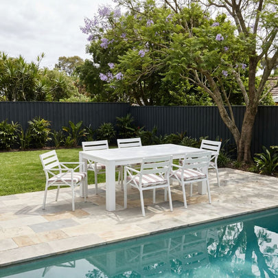 Santorini 1.8m Outdoor Rectangle Aluminium Dining Table With 6 Kansas Chairs in Sunbrella
