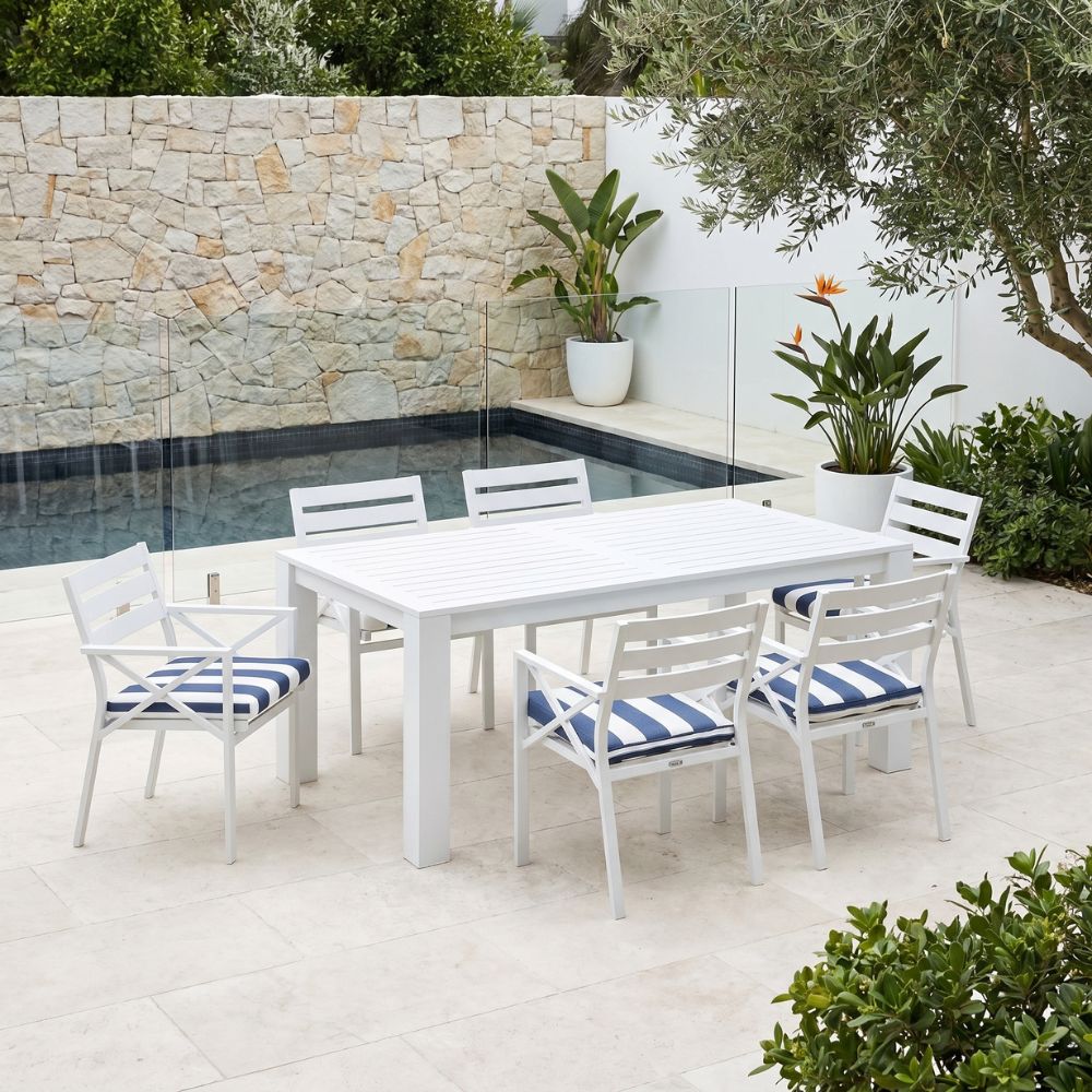 Santorini 1.8m Outdoor Rectangle Aluminium Dining Table With 6 Kansas Chairs