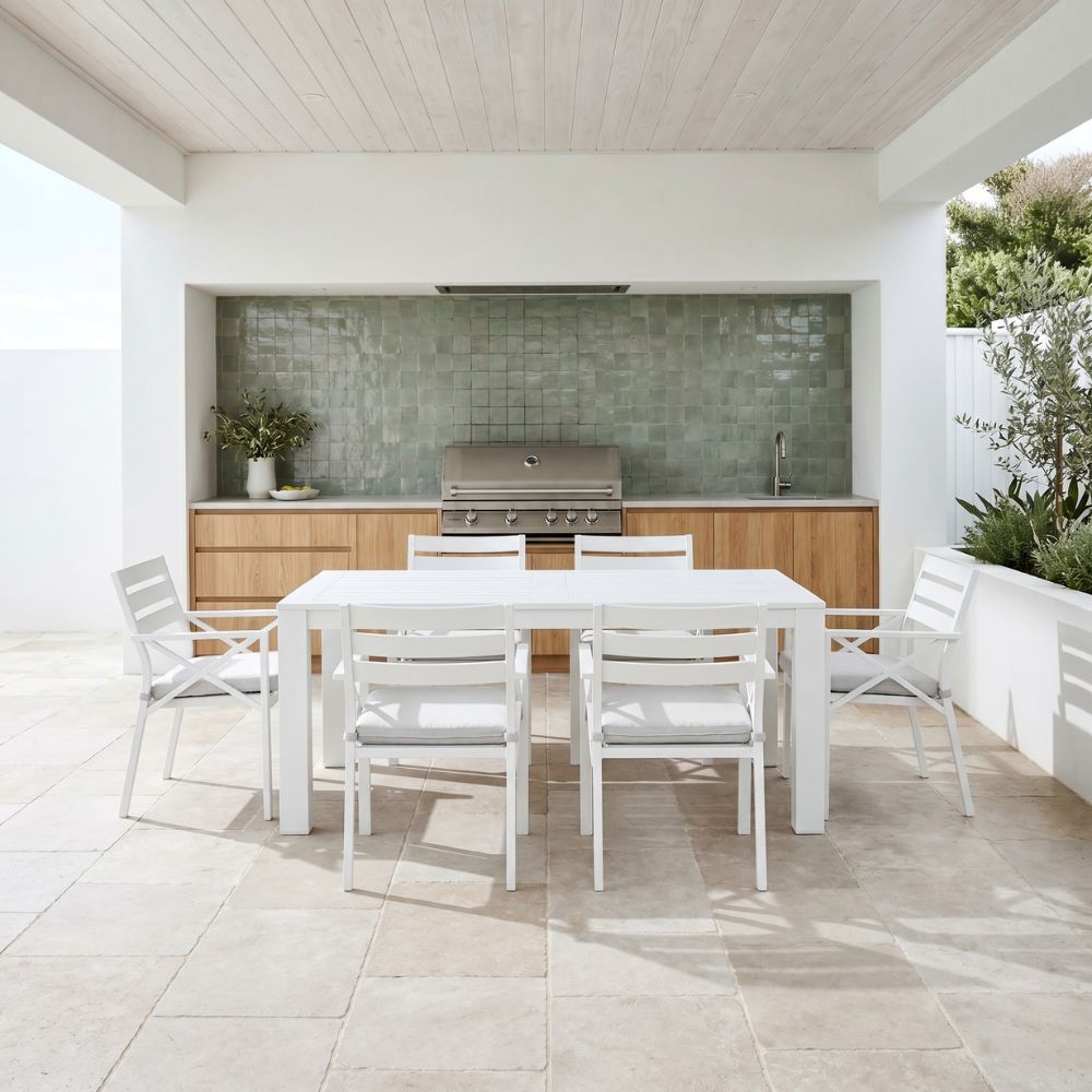 Santorini 1.8m Outdoor Rectangle Aluminium Dining Table With 6 Kansas Chairs