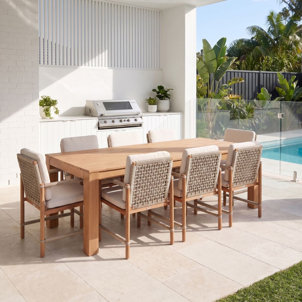 Entertainer 2.45m Outdoor Aluminium Dining Table with 8 Avery Rope Chairs