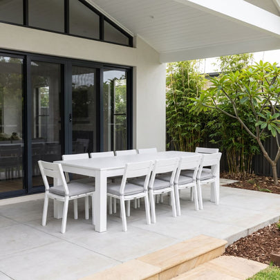 Santorini 2.5m Outdoor Aluminium Dining Setting With 10x Armless Chairs