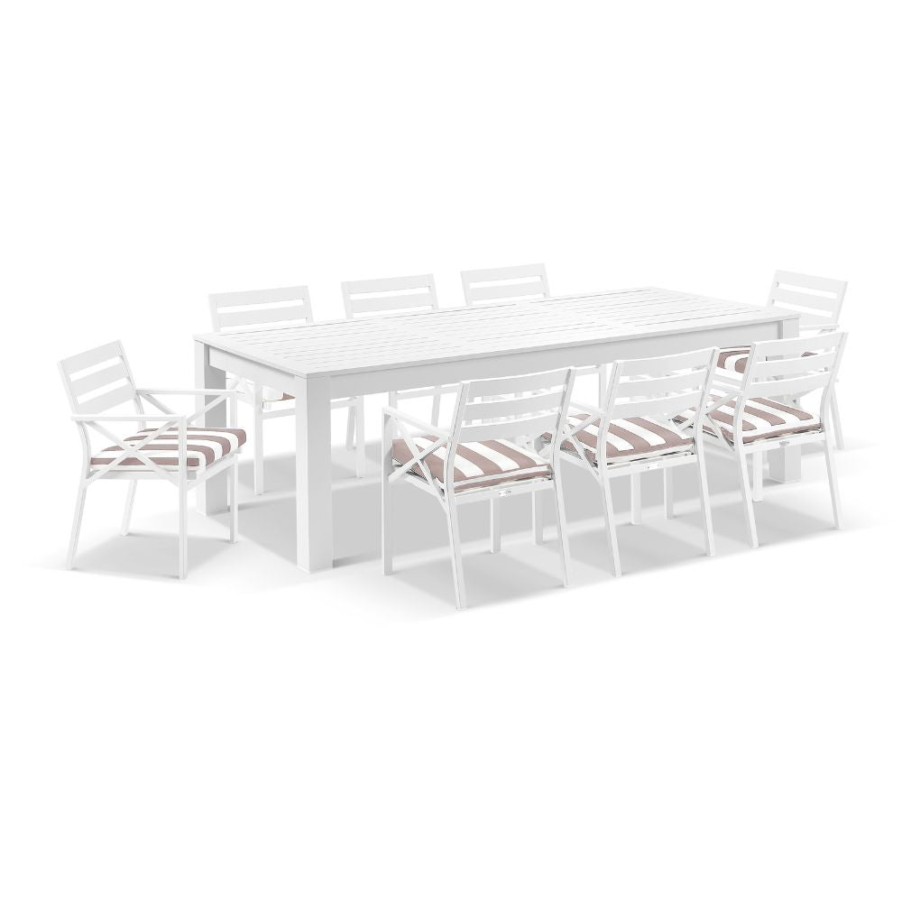 Santorini 2.5m Outdoor Rectangle Aluminium Dining Table with 8 Kansas Chairs in Sunbrella