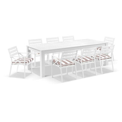 Santorini 2.5m Outdoor Rectangle Aluminium Dining Table with 8 Kansas Chairs in Sunbrella