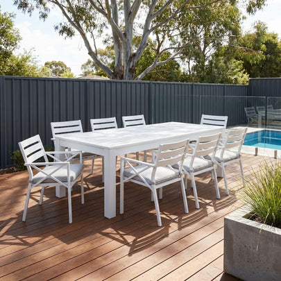 Santorini 2.5m Outdoor Rectangle Aluminium Dining Table with 8 Kansas Chairs