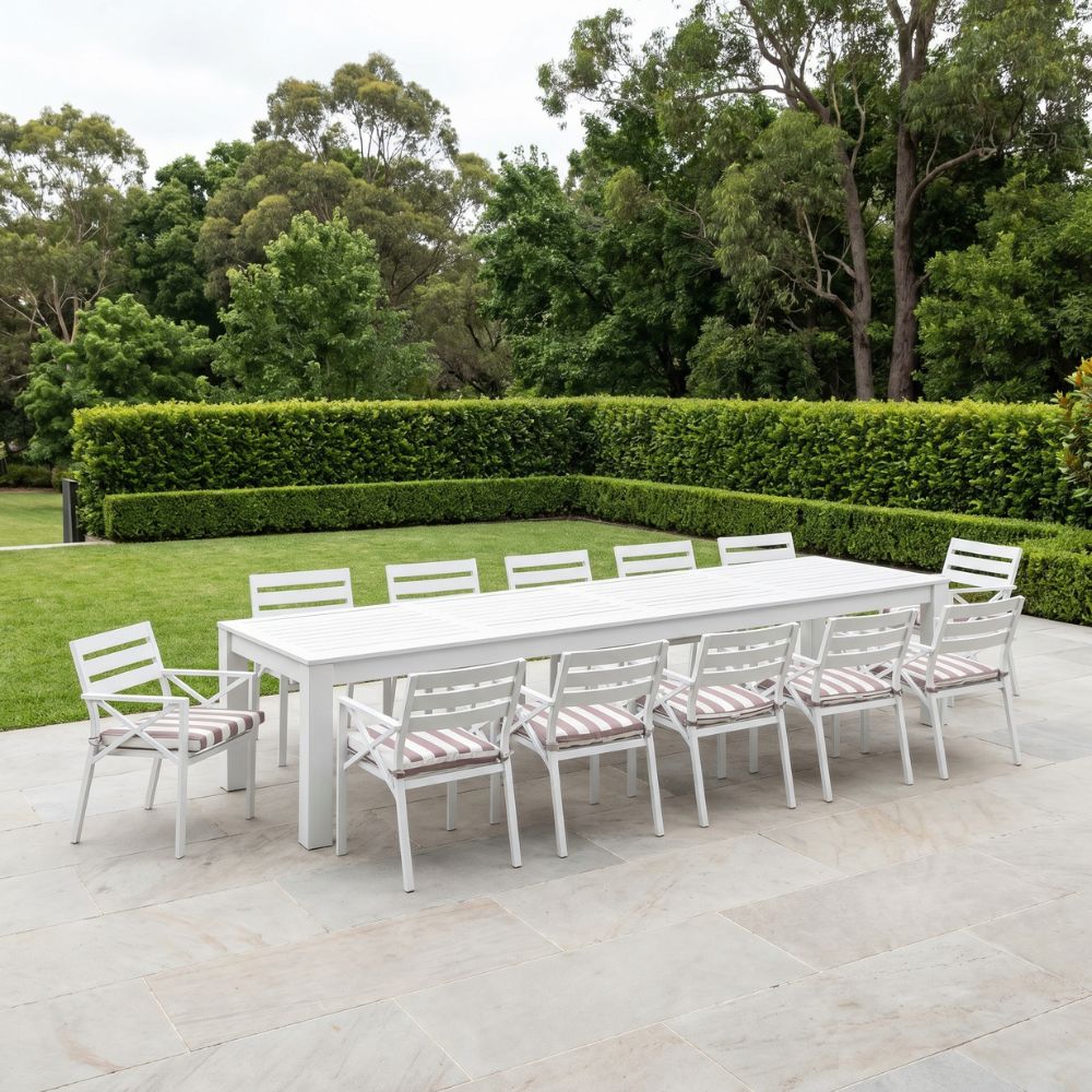 Santorini 3.55m Outdoor Rectangle Aluminium Dining Table With 12 Kansas Chairs In Sunbrella