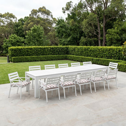 Santorini 3.55m Outdoor Rectangle Aluminium Dining Table With 12 Kansas Chairs In Sunbrella