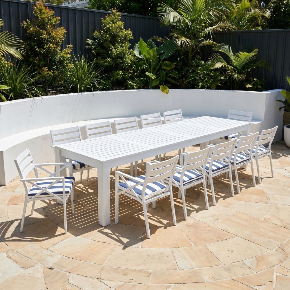 Santorini 3.55m Outdoor Rectangle Aluminium Dining Table With 12 Kansas Chairs