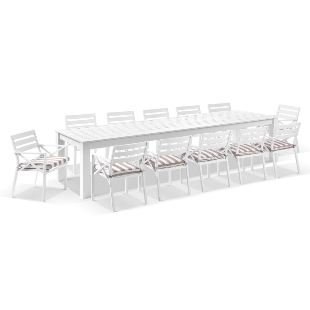 Santorini 3.55m Outdoor Rectangle Aluminium Dining Table With 12 Kansas Chairs In Sunbrella