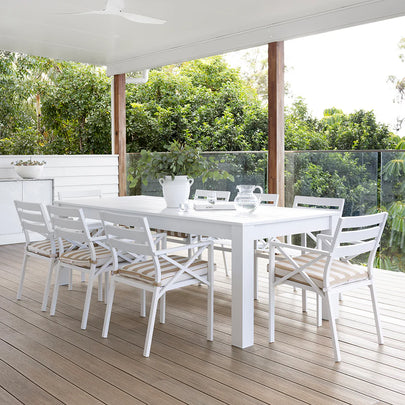 Santorini 2.5m Outdoor Rectangle Aluminium Dining Table with 8 Kansas Chairs in Sunbrella