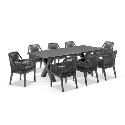 Tahitian 2.1m Aluminium Dining Table with 8 Hugo Dining Chairs