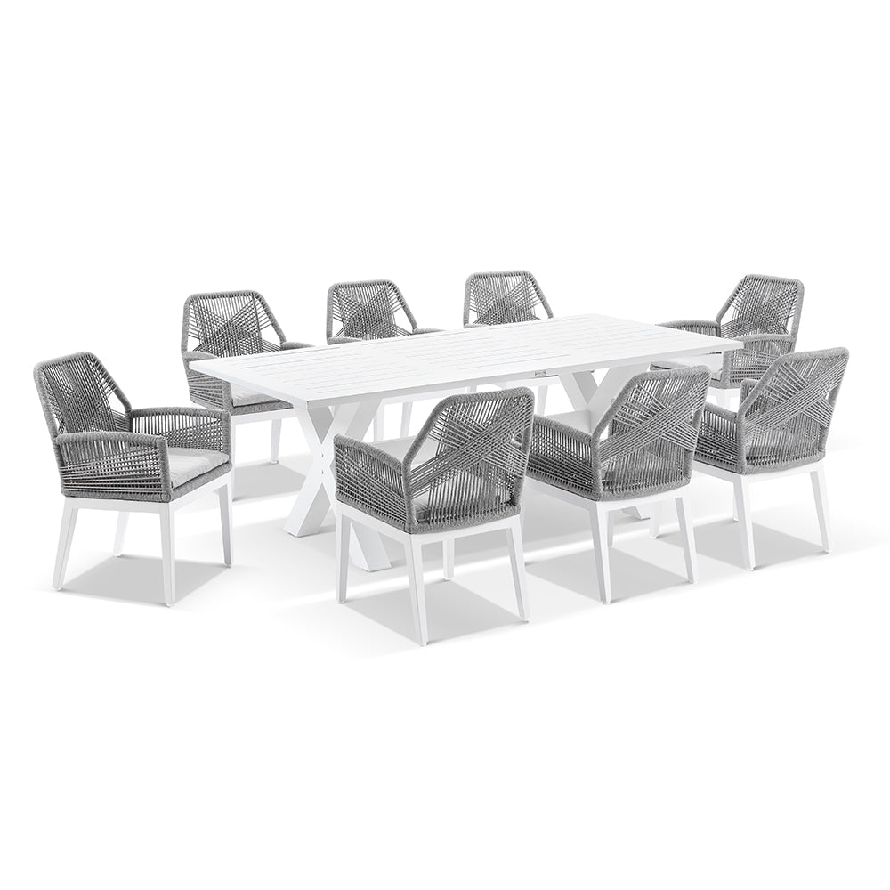 Tahitian 2.1m Aluminium Dining Table with 8 Hugo Dining Chairs