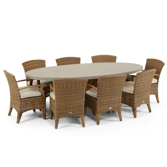 Tamarama Outdoor Oval Concrete Look Dining Setting With 8x Kai Wicker Chairs