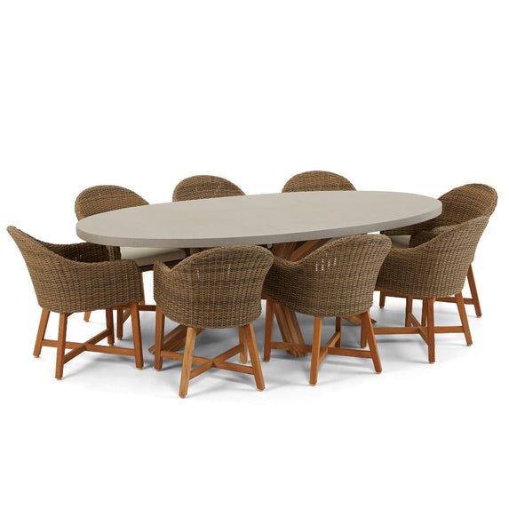 Tamarama Outdoor Oval Concrete Look Dining Setting With 8x Coastal Wicker Chairs