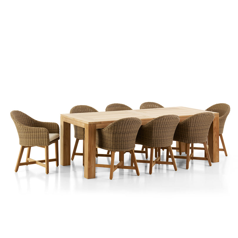 Pearl Outdoor 2.3m Teak Timber Dining Table with 8 Coastal Chairs Bay
