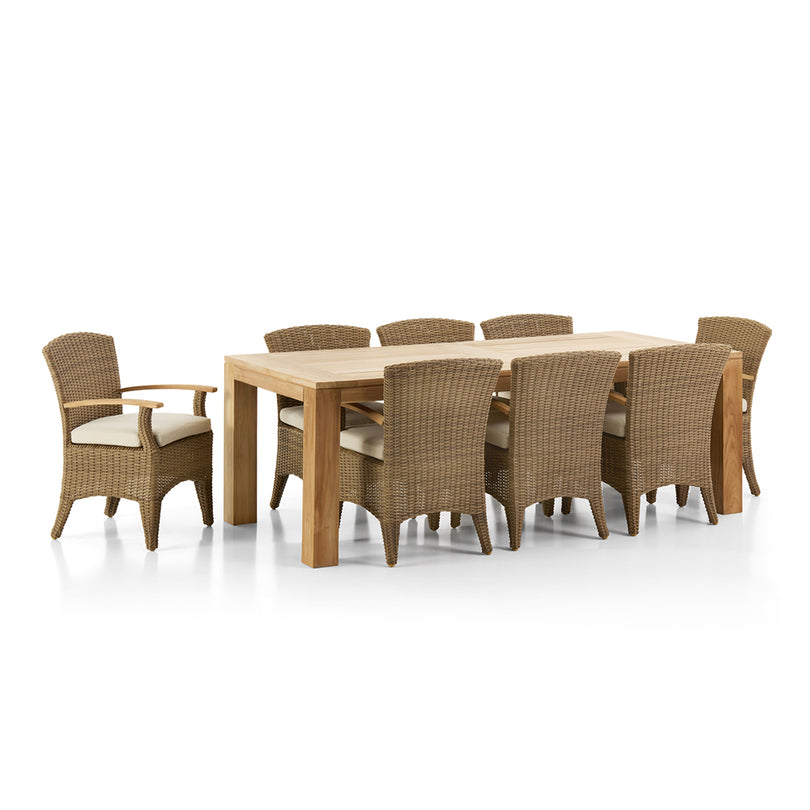 Pearl Outdoor 2.3m Teak Timber Dining Table with 8 Kai Chairs Bay