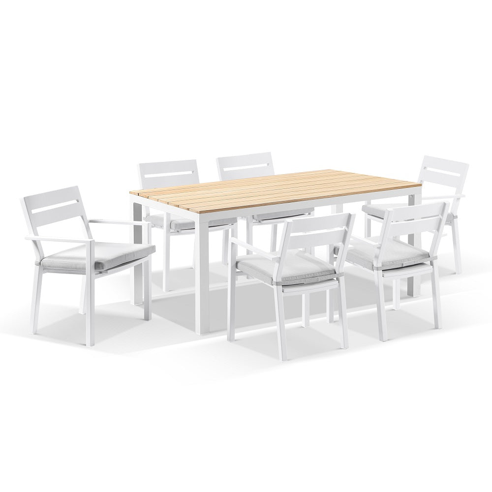 Tuscany 6 Seater Rectangle Teak Top Aluminium Dining Setting with Santorini Chairs