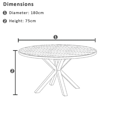 Tuscany Round 1.8m Outdoor Aluminium and Teak Dining Table with 8 Kansas Dining Chairs in Sunbrella