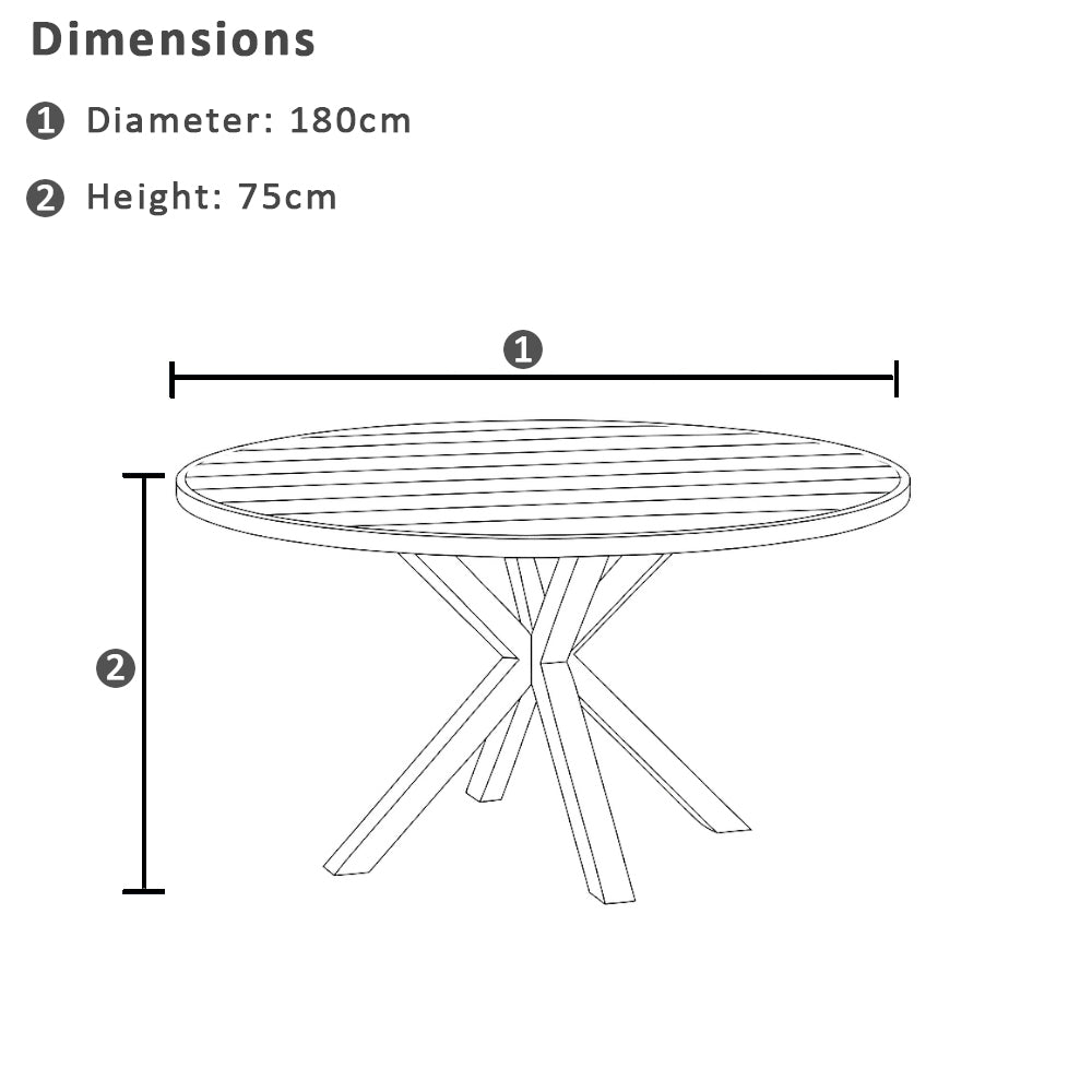 Tuscany Round 1.8m Outdoor Aluminium and Teak Dining Table with 8 Watego Malawi Style Wicker Dining Chairs