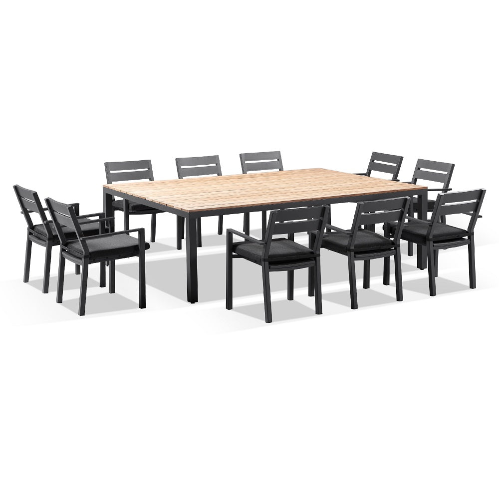 Tuscany 10 Seat Teak Top and Aluminium Dining Setting with Santorini Chairs in Charcoal