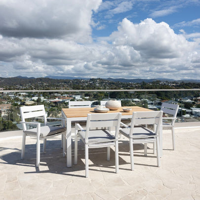 Tuscany 6 Seater Rectangle Teak Top Aluminium Dining Setting with Santorini Chairs