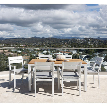 Tuscany 6 Seater Rectangle Teak Top Aluminium Dining Setting with Santorini Chairs