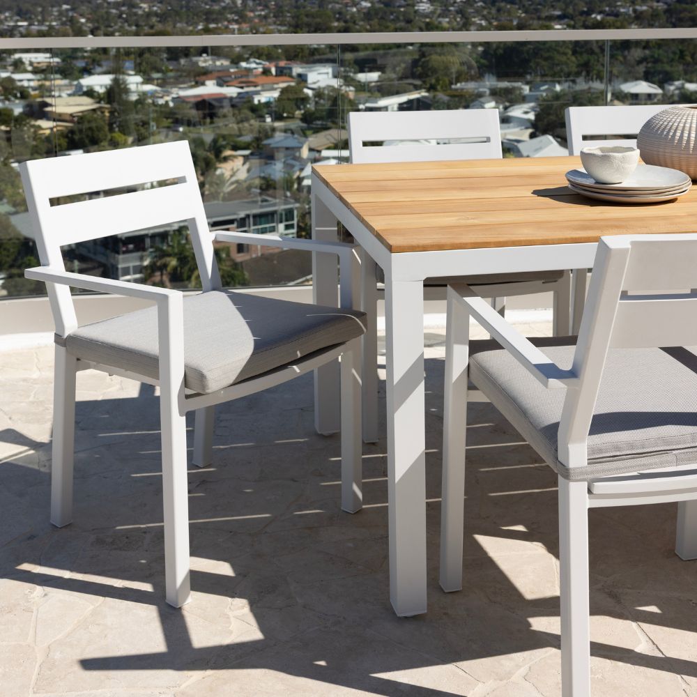 Tuscany 6 Seater Rectangle Teak Top Aluminium Dining Setting with Santorini Chairs