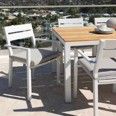 Tuscany 6 Seater Rectangle Teak Top Aluminium Dining Setting with Santorini Chairs
