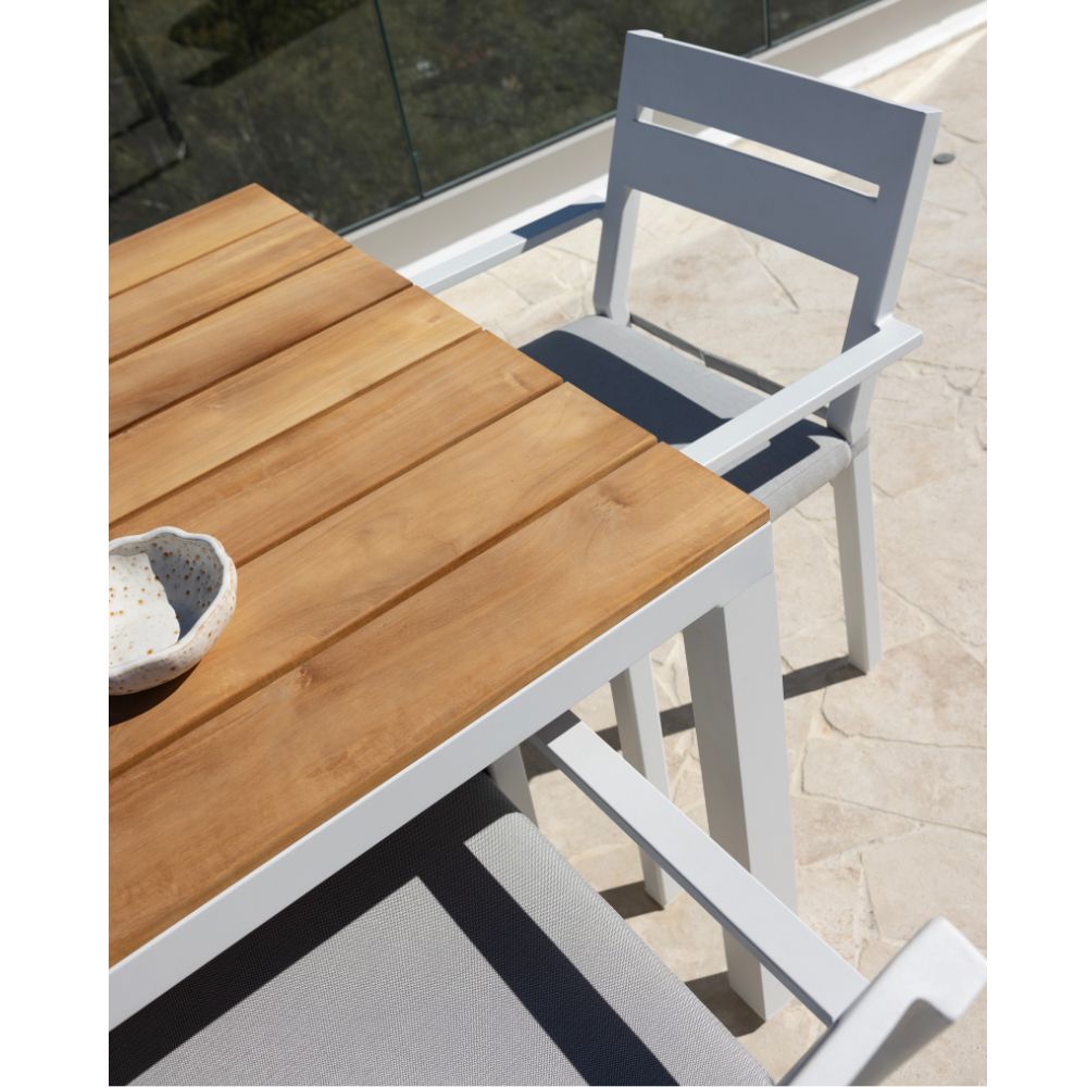 Tuscany 6 Seater Rectangle Teak Top Aluminium Dining Setting with Santorini Chairs
